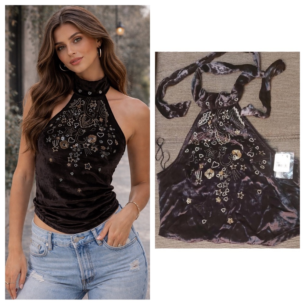 Free People Velvet Halter Top XL Beaded Black